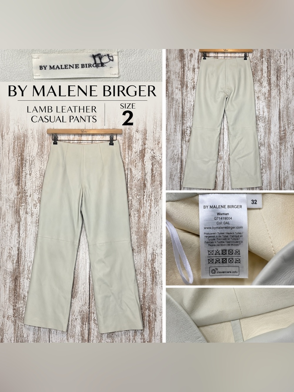 By Malene Birger Lamb Leather Pants Women’s Size 2 / EU 32 Cream Wide Leg